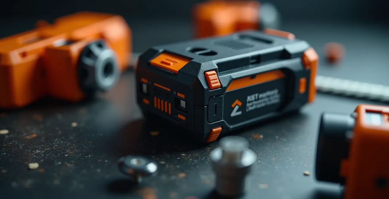 Vue macro détaillée montrant les connexions et les transferts de batterie entre plusieurs outils de jardin sur batterie compatible