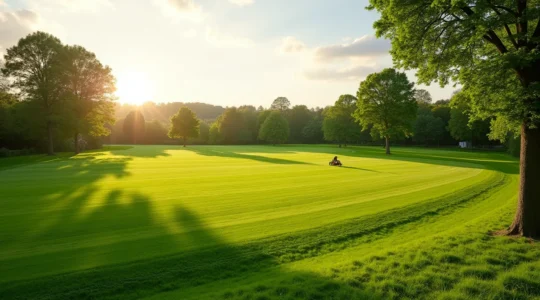 Scène photographique montrant différentes solutions de tonte pour grands terrains dans un environnement de jardin vaste et minimaliste
