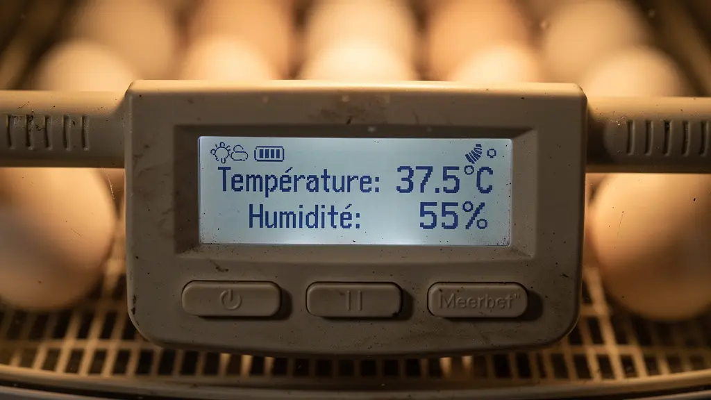 Écran digital d'une couveuse affichant température et taux d'humidité