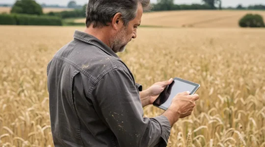 Agriculteur consultant ses données parcellaires sur tablette au milieu d'un champ de blé