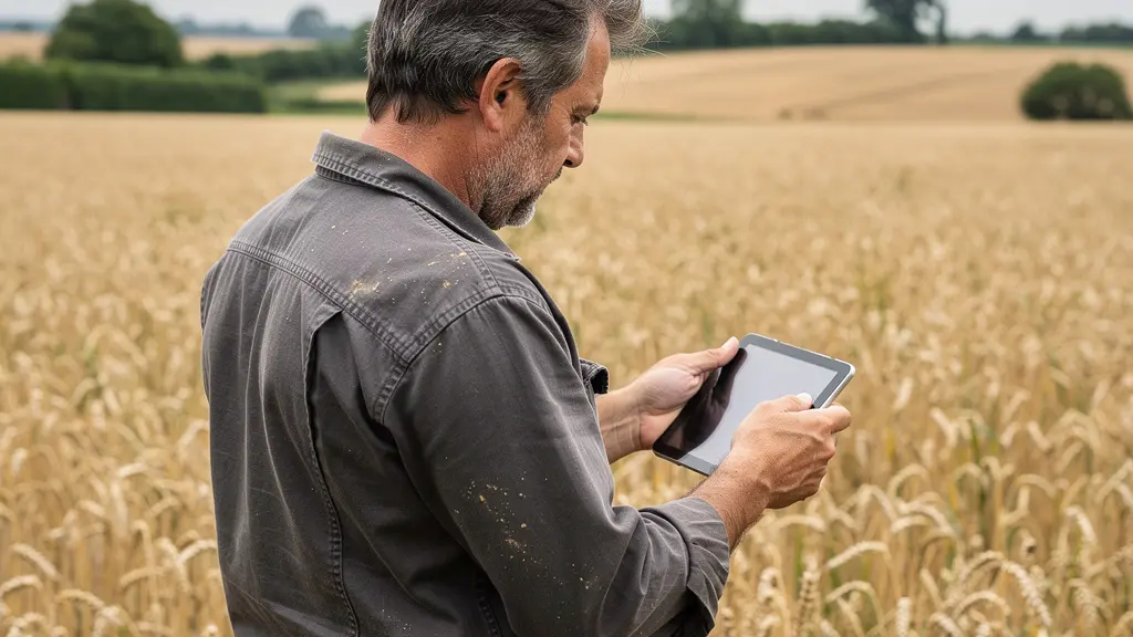 Agriculteur consultant ses données parcellaires sur tablette au milieu d'un champ de blé