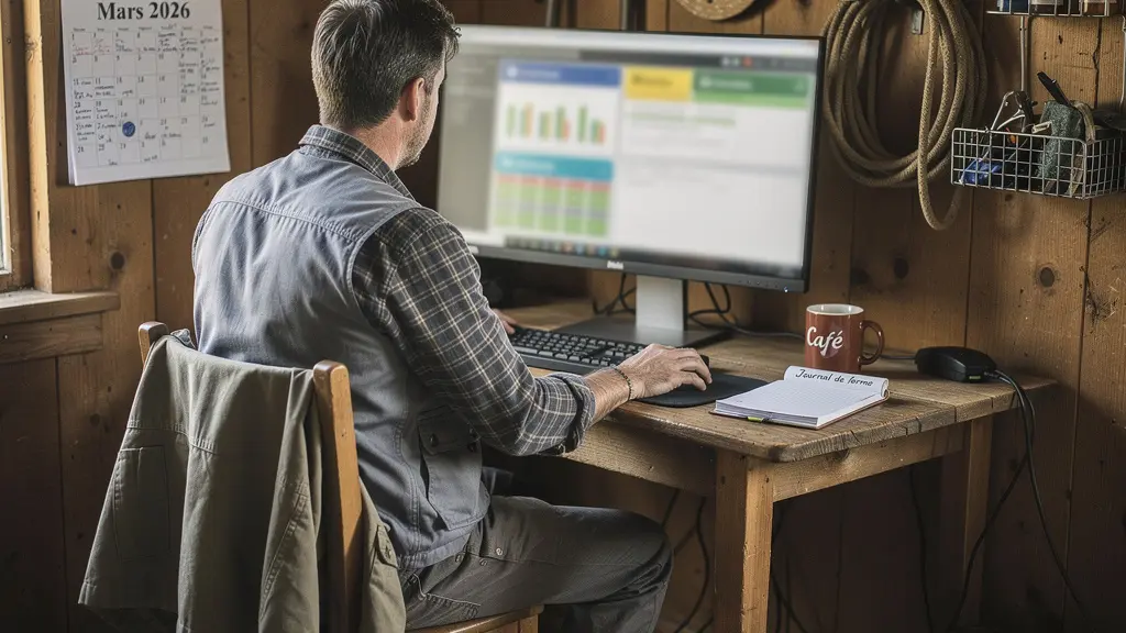 Agriculteur consultant un tableau de bord agronomique sur écran d'ordinateur dans son bureau de ferme