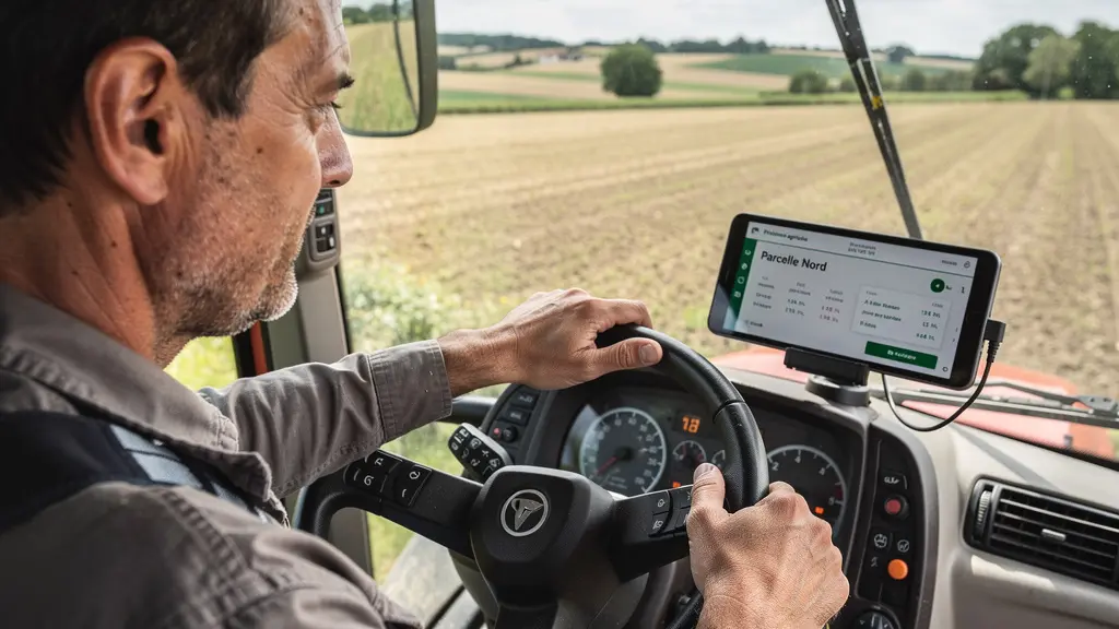 Agriculteur consultant une application de traçabilité depuis sa cabine de tracteur