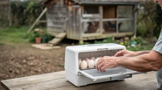 Éleveur amateur ouvrant une couveuse avec œufs visibles dans sa basse-cour