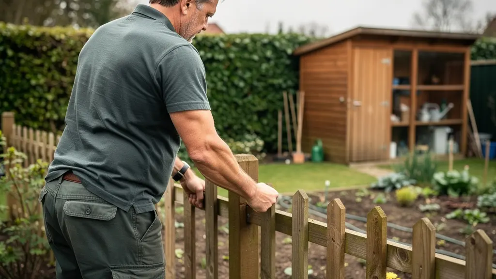 Personne installant un piquet de clôture dans son jardin