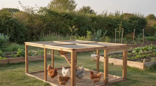 Enclos poulailler sécurisé avec filet de protection dans jardin campagnard
