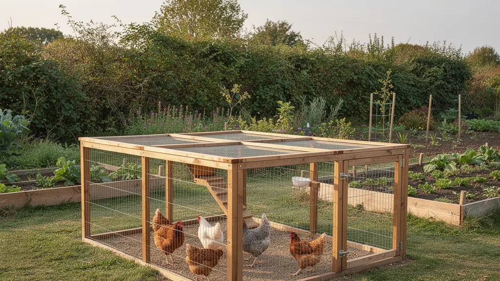 Enclos poulailler sécurisé avec filet de protection dans jardin campagnard