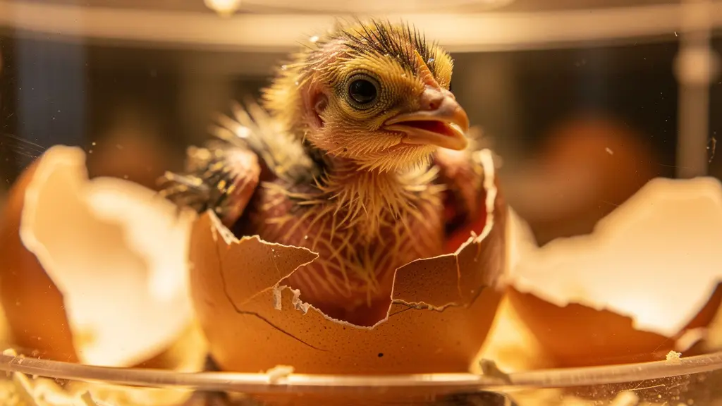 Poussin sortant de son œuf dans une couveuse, plumes encore humides