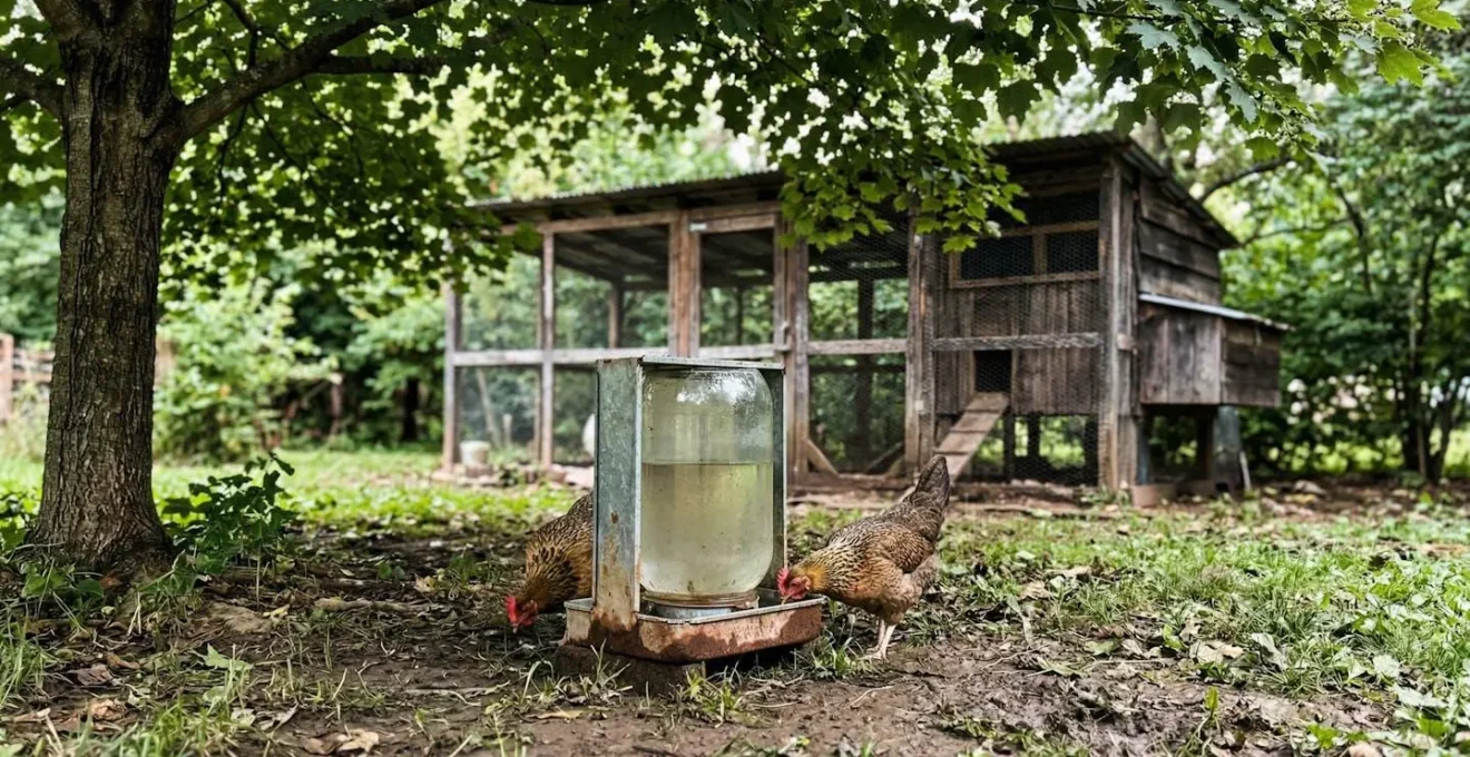 Abreuvoir pour poules positionné à l'ombre sous un arbre fruitier, poulailler en bois visible en arrière-plan flou dans un jardin