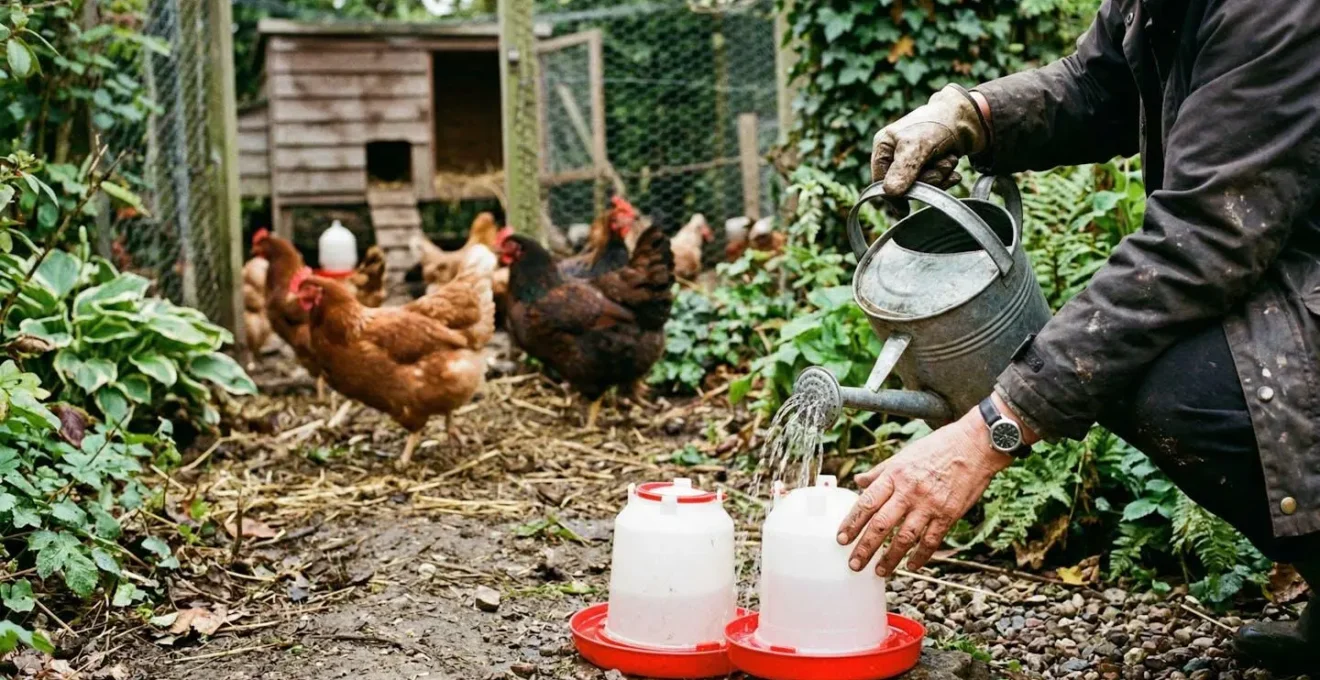 Mains d'une personne versant de l'eau dans un abreuvoir pour poules, quelques volailles floues visibles en arrière-plan dans un jardin ensoleillé