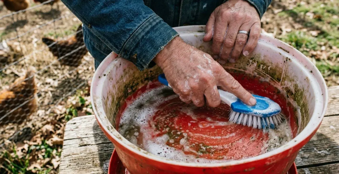Gros plan sur une main tenant une brosse et frottant l'intérieur d'un abreuvoir en plastique avec de l'eau savonneuse