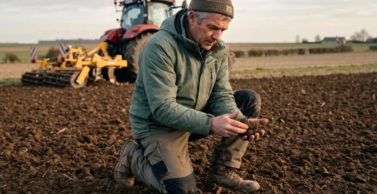 Agriculteur accroupi dans une parcelle testant l'état d'humidité du sol à la main avant intervention de décompactage, tracteur en arrière-plan