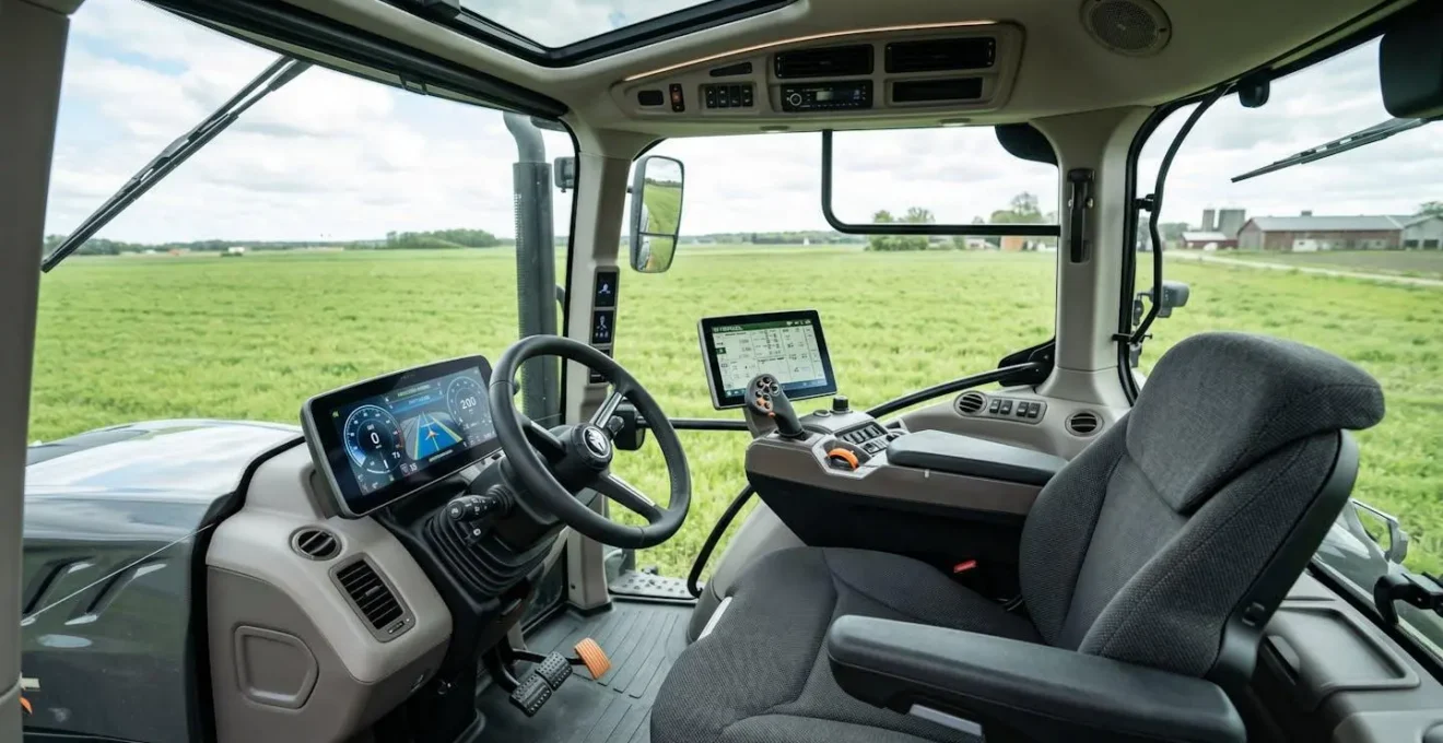 Intérieur moderne d'une cabine de tracteur montrant l'ergonomie avancée, l'écran GPS et les commandes intuitives qui améliorent le confort de travail