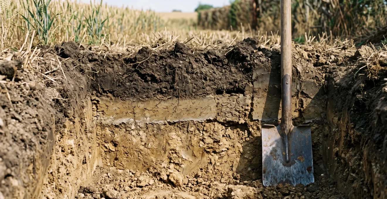 Profil de sol agricole fraîchement creusé montrant une semelle de labour compacte visible à 20-25 cm de profondeur, avec bêche pour échelle
