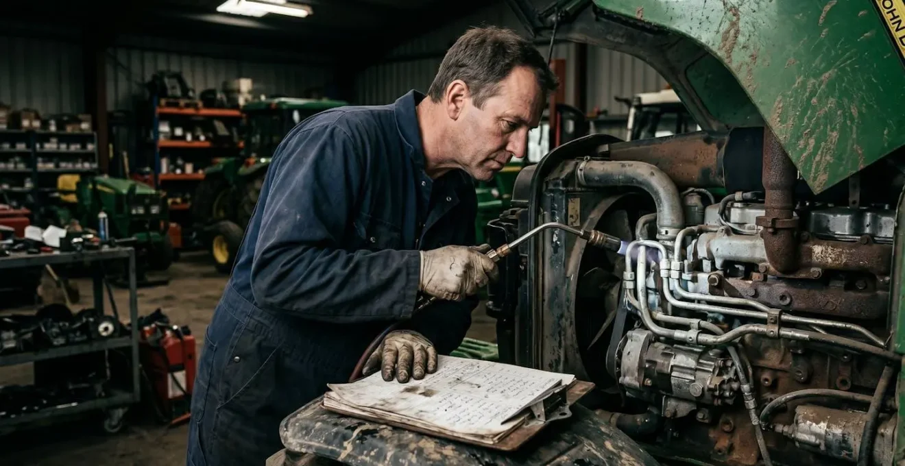 Technicien spécialisé inspectant un tracteur d'occasion avec son carnet d'entretien pour évaluer la fiabilité et la valeur de l'équipement