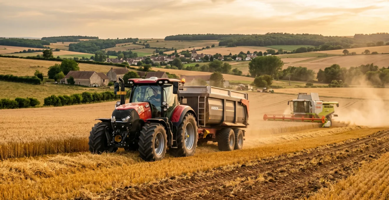 Tracteur agricole moderne travaillant dans un champ de céréales lors de la moisson, démonstrant l'efficacité du matériel performant en conditions réelles d'exploitation