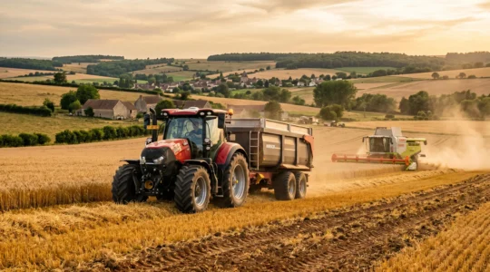 Tracteur agricole moderne travaillant dans un champ de céréales lors de la moisson, démonstrant l'efficacité du matériel performant en conditions réelles d'exploitation