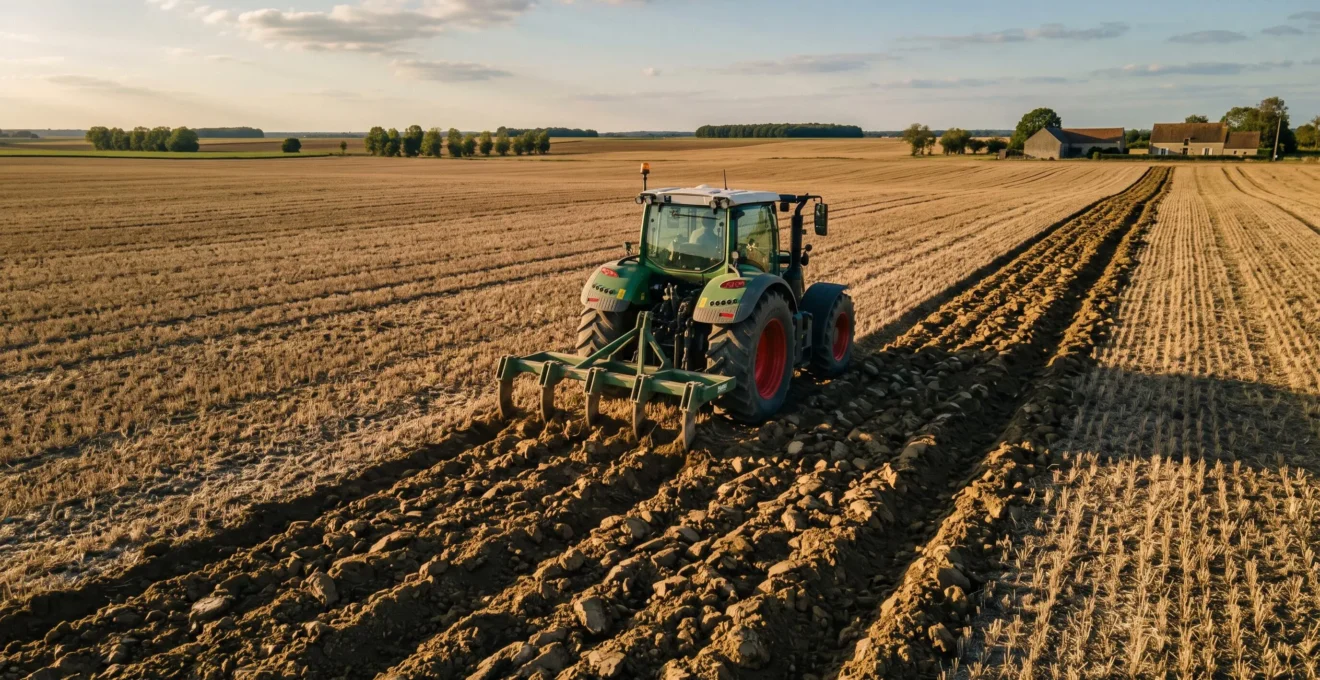 Vue aérienne d'un tracteur tractant un décompacteur à dents rigides travaillant une parcelle céréalière dans le Bassin parisien, avec sillons de fissuration visibles sur le sol fraîchement travaillé