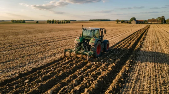 Vue aérienne d'un tracteur tractant un décompacteur à dents rigides travaillant une parcelle céréalière dans le Bassin parisien, avec sillons de fissuration visibles sur le sol fraîchement travaillé