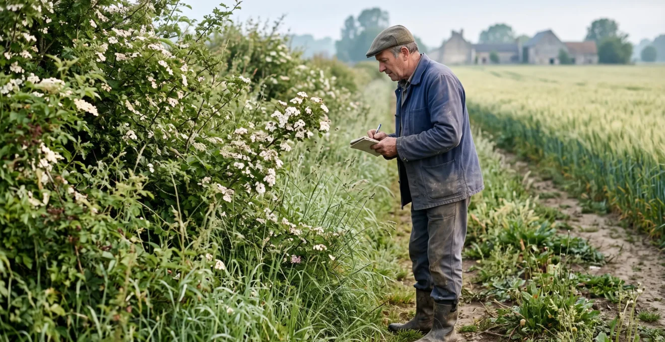 Un agriculteur observe des insectes pollinisateurs le long d'une haie fleurie en bordure de champ.