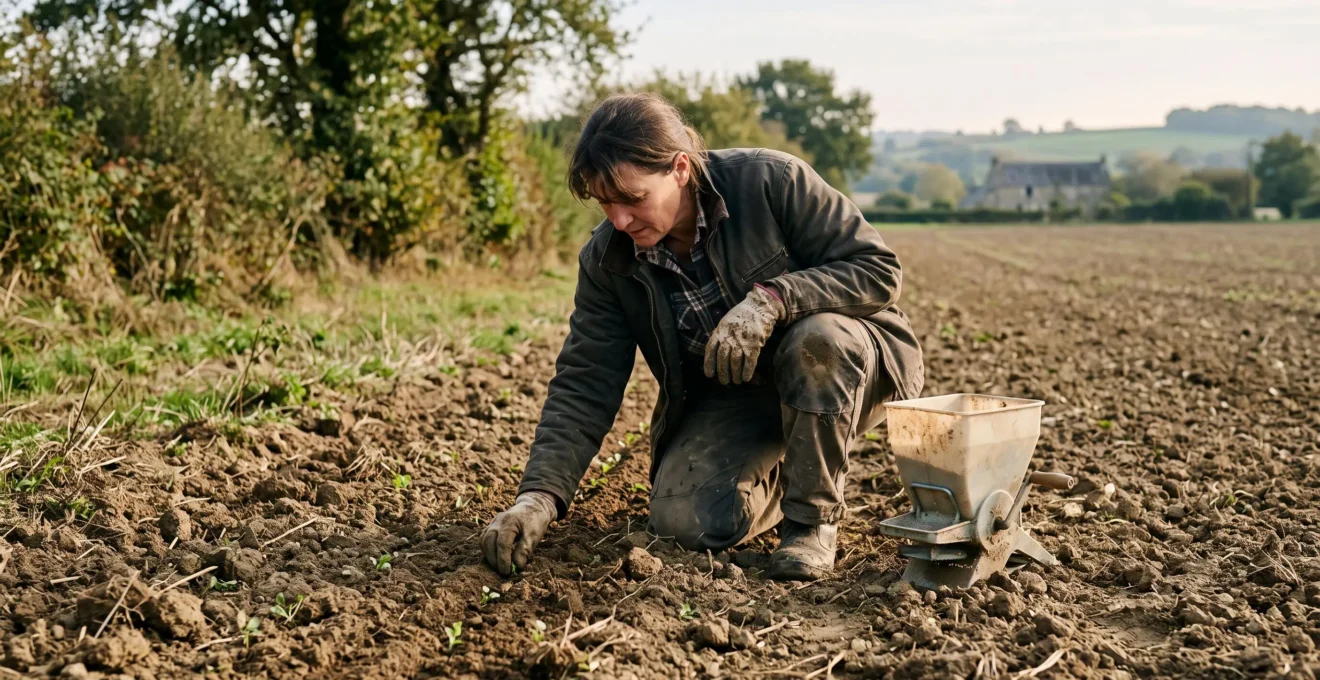 Une agricultrice sème une bande fleurie en bordure de parcelle avec un semoir à la main.
